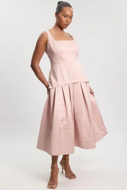 Robe Midi Grande Taille En Twill Texturé Ajusté Avec Jupe Ample