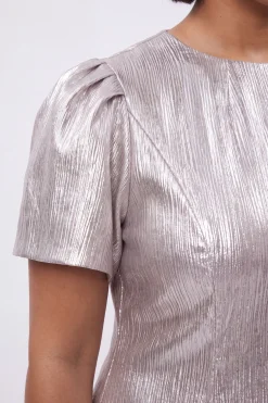 Robe Midi Grande Taille À Manches Bouffantes Et Texture Métallisée