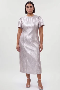 Robe Midi Grande Taille À Manches Bouffantes Et Texture Métallisée