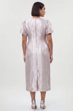 Robe Midi Grande Taille À Manches Bouffantes Et Texture Métallisée