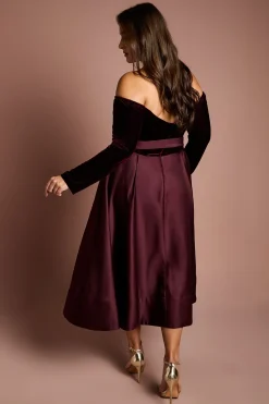 Robe Midi Grande Taille à Manches Longues Col Bardot et Jupe Évasée