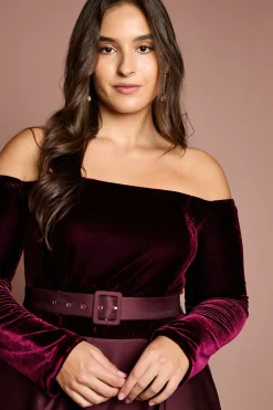 Robe Midi Grande Taille à Manches Longues Col Bardot et Jupe Évasée