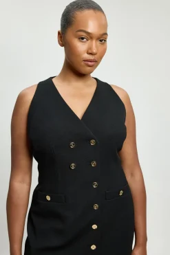 Robe Midi Grande Taille Texturée Extensible Compacte Col V Avec Détails Boutonnés