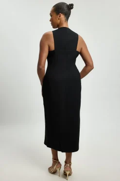 Robe Midi Grande Taille Texturée Extensible Compacte Col V Avec Détails Boutonnés