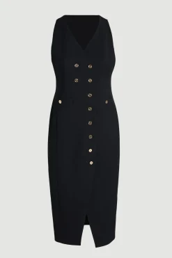 Robe Midi Grande Taille Texturée Extensible Compacte Col V Avec Détails Boutonnés