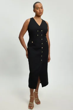 Robe Midi Grande Taille Texturée Extensible Compacte Col V Avec Détails Boutonnés