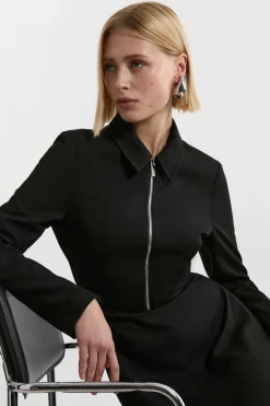 Robe midi high low en crêpe technique, coupe tailleur, avec détail zip métallique