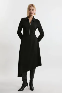 Robe midi high low en crêpe technique, coupe tailleur, avec détail zip métallique