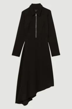 Robe midi high low en crêpe technique, coupe tailleur, avec détail zip métallique