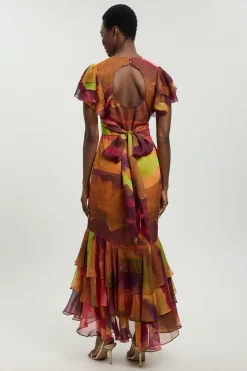 Robe Midi À Imprimé Abstrait Avec Manches À Volants Et Boutonnage Sur Le Devant