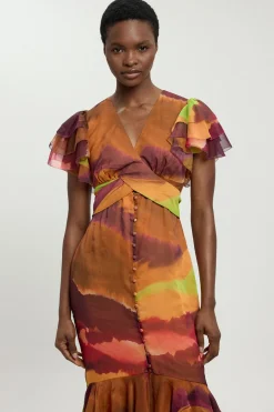 Robe Midi À Imprimé Abstrait Avec Manches À Volants Et Boutonnage Sur Le Devant