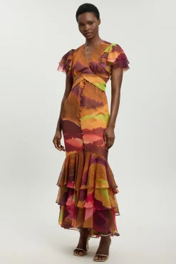 Robe Midi À Imprimé Abstrait Avec Manches À Volants Et Boutonnage Sur Le Devant