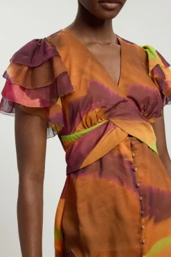Robe Midi À Imprimé Abstrait Avec Manches À Volants Et Boutonnage Sur Le Devant