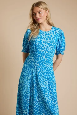 Robe Midi À Imprimé Animal Avec Couture Empire Et Manches Bouffantes