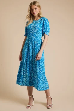 Robe Midi À Imprimé Animal Avec Couture Empire Et Manches Bouffantes