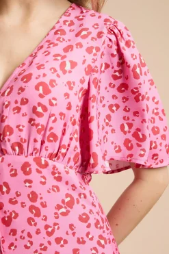 Robe Midi À Imprimé Animal Avec Manches Papillon, Boutonnage Devant Et Dos Noué