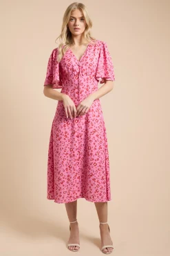 Robe Midi À Imprimé Animal Avec Manches Papillon, Boutonnage Devant Et Dos Noué