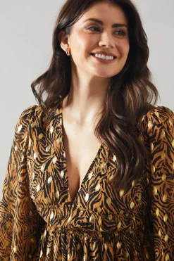 Robe Midi à Imprimé Animal avec Manches Bouffantes Métallisées