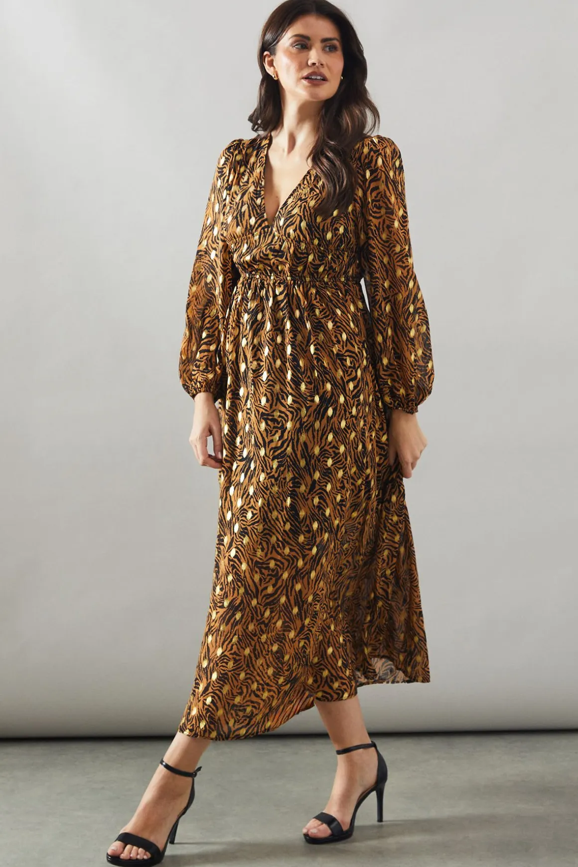 Robe Midi à Imprimé Animal avec Manches Bouffantes Métallisées