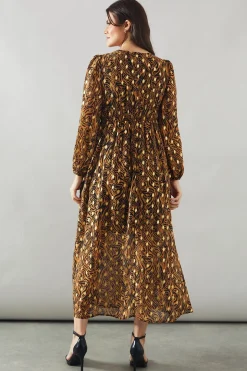 Robe Midi à Imprimé Animal avec Manches Bouffantes Métallisées