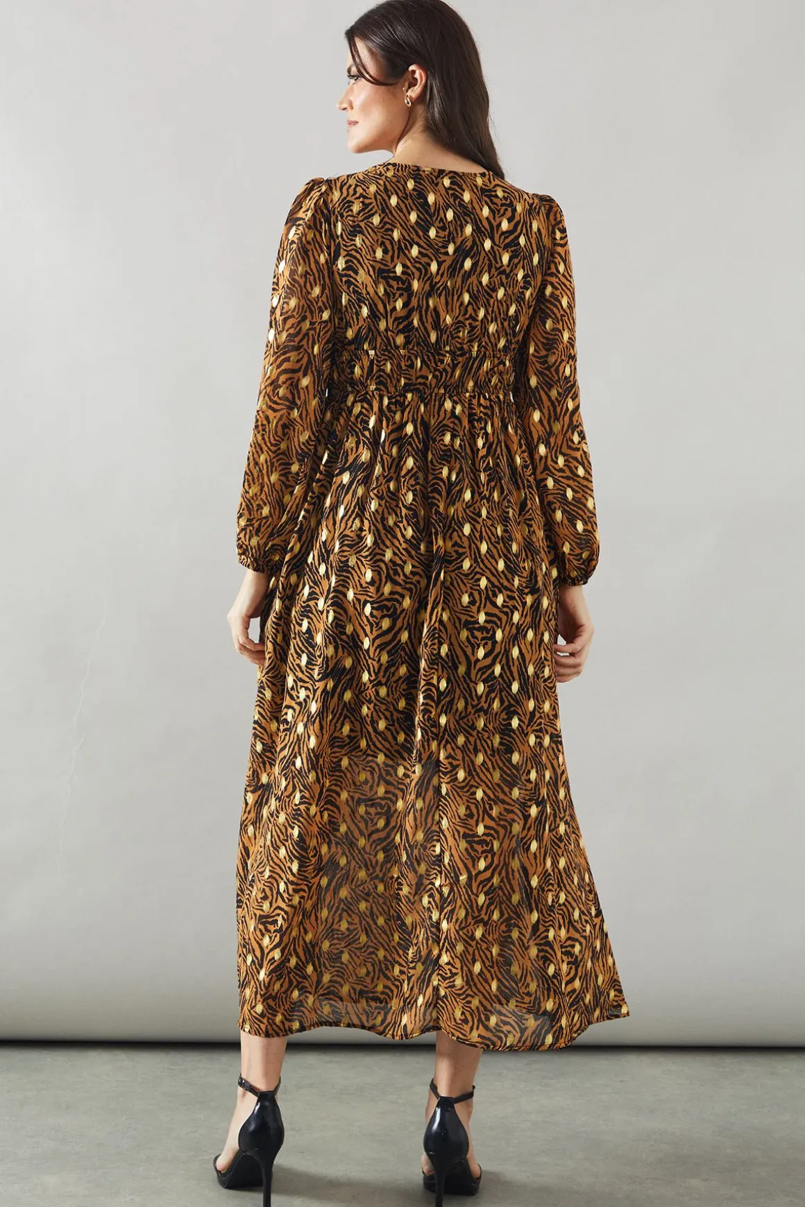 Robe Midi à Imprimé Animal avec Manches Bouffantes Métallisées