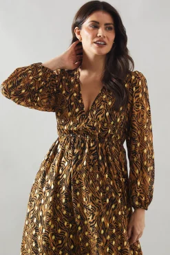 Robe Midi à Imprimé Animal avec Manches Bouffantes Métallisées