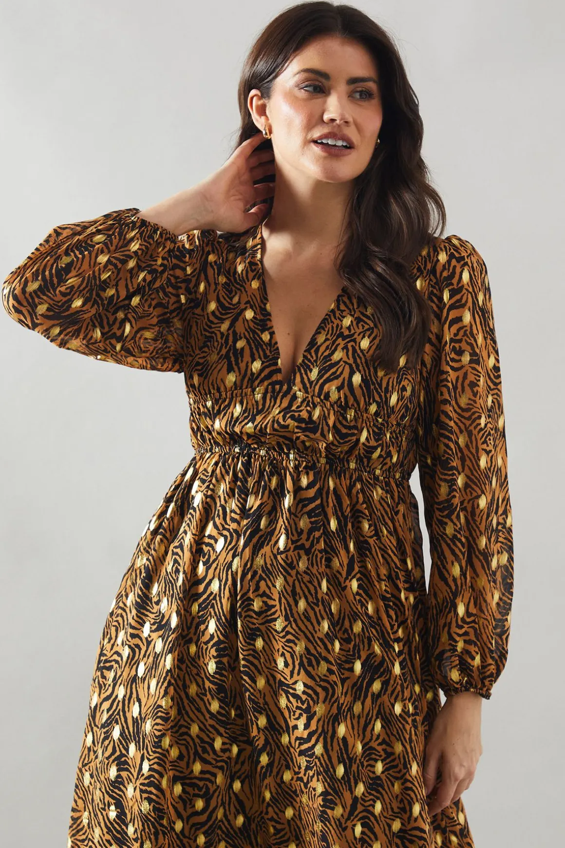 Robe Midi à Imprimé Animal avec Manches Bouffantes Métallisées