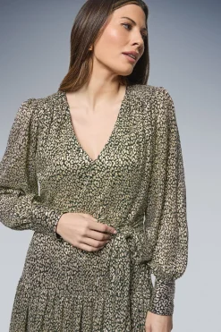 Robe Midi Imprimé Animal Métallisé avec Ceinture Nouée