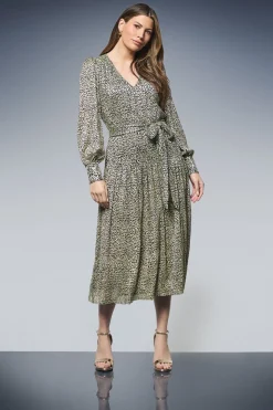 Robe Midi Imprimé Animal Métallisé avec Ceinture Nouée