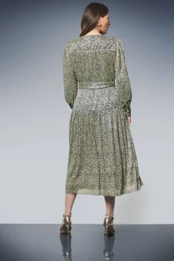 Robe Midi Imprimé Animal Métallisé avec Ceinture Nouée