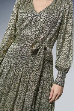 Robe Midi Imprimé Animal Métallisé avec Ceinture Nouée