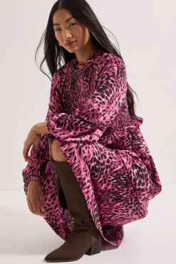 Robe Midi Imprimé Animal Petite avec Corsage Froncé et Détails à Volants