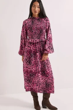 Robe Midi Imprimé Animal Petite avec Corsage Froncé et Détails à Volants