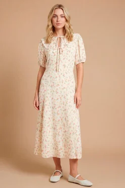 Robe Midi Imprimée Avec Col En Dentelle Et Détail Nœud