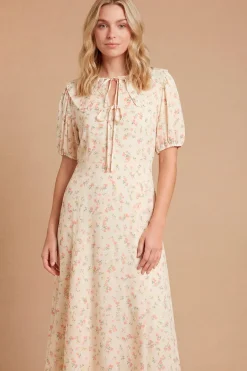 Robe Midi Imprimée Avec Col En Dentelle Et Détail Nœud