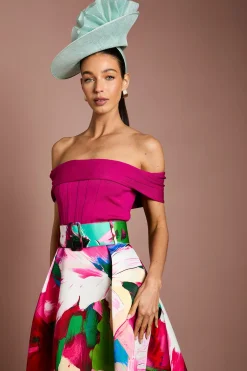 Robe Midi Imprimée Bandage Épaules Dénudées À Ourlet Asymétrique Lisa Tan