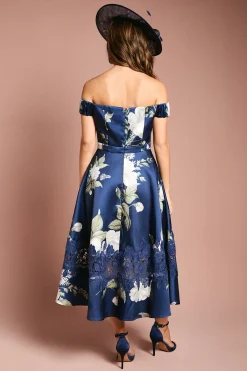 Coast Robe Midi Imprimée Bardot en Sergé avec Insert en Dentelle<Femme Robes Mi-Longues|Satin Et Dentelle