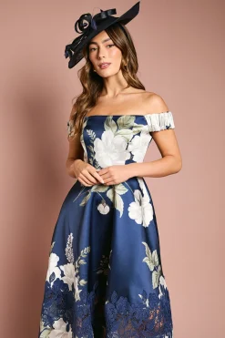 Coast Robe Midi Imprimée Bardot en Sergé avec Insert en Dentelle<Femme Robes Mi-Longues|Satin Et Dentelle