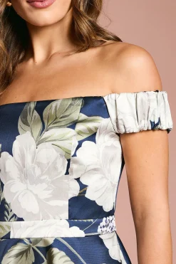 Coast Robe Midi Imprimée Bardot en Sergé avec Insert en Dentelle<Femme Robes Mi-Longues|Satin Et Dentelle