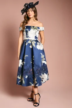 Coast Robe Midi Imprimée Bardot en Sergé avec Insert en Dentelle<Femme Robes Mi-Longues|Satin Et Dentelle