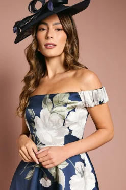 Coast Robe Midi Imprimée Bardot en Sergé avec Insert en Dentelle<Femme Robes Mi-Longues|Satin Et Dentelle
