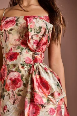 Robe Midi Imprimée à Bretelles avec Détail Nœud