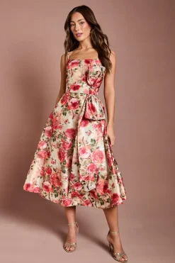 Robe Midi Imprimée à Bretelles avec Détail Nœud