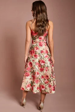 Robe Midi Imprimée à Bretelles avec Détail Nœud