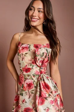 Robe Midi Imprimée à Bretelles avec Détail Nœud