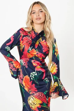 Robe Midi Imprimée à Col Croisé Petite pour Invitée de Mariage
