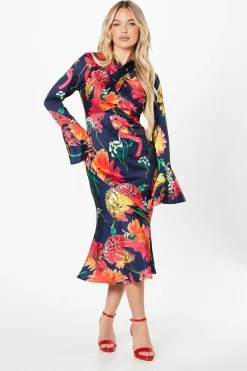 Robe Midi Imprimée à Col Croisé Petite pour Invitée de Mariage