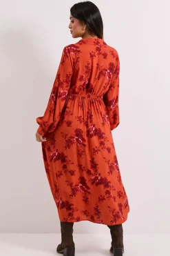 Robe Midi Imprimée à Col et Manches Bouffantes avec Détails de Couture Petite Taille