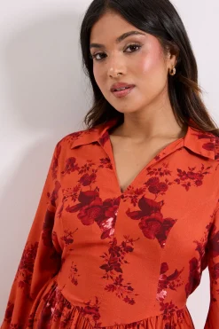 Robe Midi Imprimée à Col et Manches Bouffantes avec Détails de Couture Petite Taille