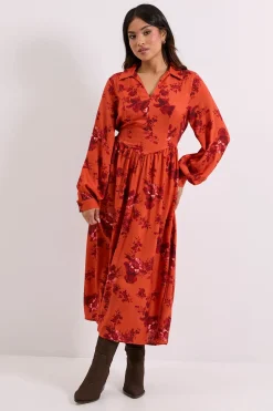 Robe Midi Imprimée à Col et Manches Bouffantes avec Détails de Couture Petite Taille